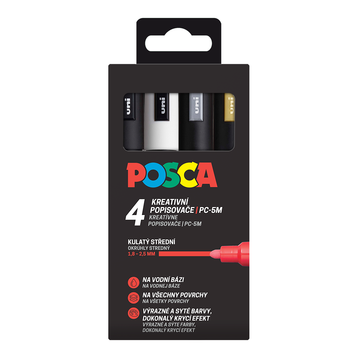 Levně Sada dekoračních popisovačů Posca PC-5M, 2,5 mm, 4 barvy - černá, bílá, zlatá, stříbrná
