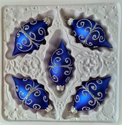 Vánoční skleněné ozdoby - Olivy modré 8x4cm, mat, dekor, 5ks