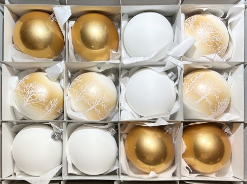 Vánoční skleněné koule 7cm, odstíny zlaté a bílé, lesk/mat, bílý dekor, 12ks