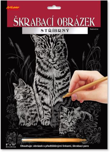 Škrabací obrázek 20x25 cm, stříbrný - Kočka s koťaty