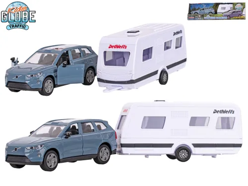 Auto Kids Globe Traffic Volvo EX90 kovové 30 cm na zpětné natažení s karavanem