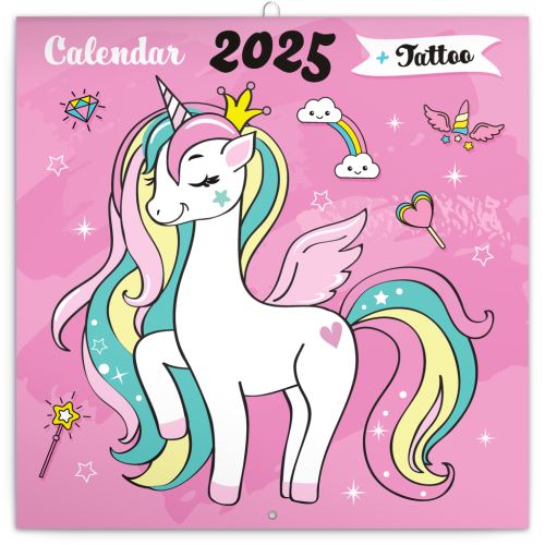 Nástěnný poznámkový kalendář Presco Group 2025 - Šťastní jednorožci, 30 × 30 cm