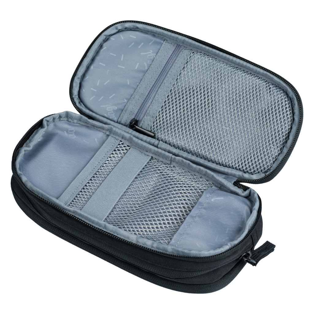 Otevřené studentské pouzdro BAAGL Black – pohled na vnitřní uspořádání se sítkovými kapsičkami a elastickými poutky