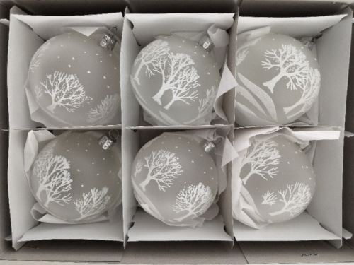 Vánoční skleněné koule 8cm, průhledné bílé, mat, bílý dekor stromů, 6ks