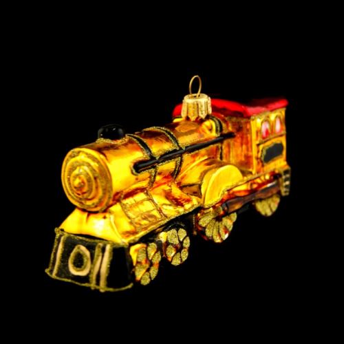 Vánoční skleněná ozdoba - Lokomotiva zlatá a červená, lesk/mat, ručně malovaný dekor