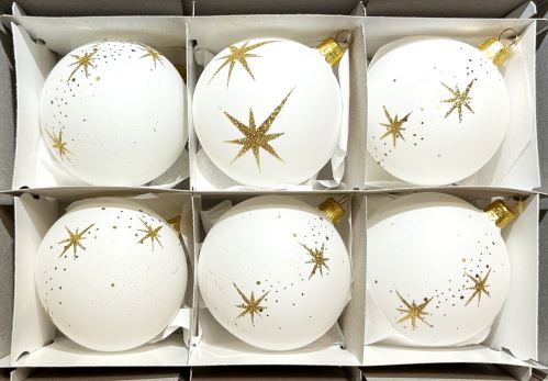 Vánoční skleněné koule 8cm, bílé, zlatý dekor hvězdiček, 6ks