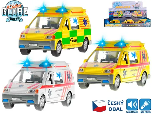 Auto Kids Globe Traffic ambulance CZ kovové 14 cm na zpětné natažení se světlem a zvukem na baterie