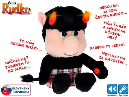 Plyšový čertík Rudko sedící 20 cm slovensky mluvící se svítícími rohy na baterie