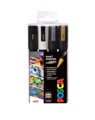 Sada dekoračních popisovačů Posca PC-5M, 2,5 mm, 4 barvy - černá, bílá, zlatá, stříbrná