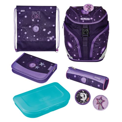 Školní set Herlitz SoftLight Plus Vesmír, 7-dílný - batoh, penál, sáček, pouzdro, box, 2 aplikace