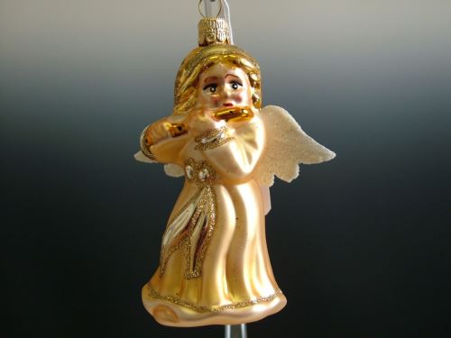 Vánoční skleněná ozdoba - Anděl s flétnou velký, zlatý, mat, dekor