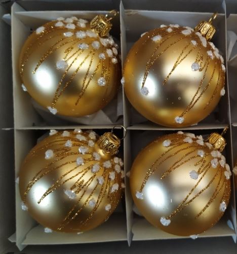 Vánoční skleněné koule 8cm, hladké, zlatý mat, bohatý bílozlatý dekor, 4ks