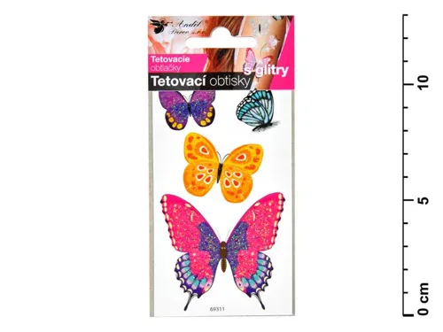 Tetovací obtisky 1102 s glitry, motýli - 10,5x6 cm