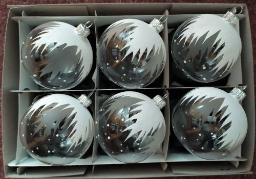 Vánoční skleněné koule 7cm, hladké, čiré, lesk, bílý dekor rampouchů, 6ks