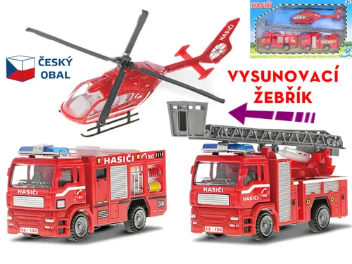 Sada aut hasiči CZ kovová 12–18 cm na volný chod, 3 ks