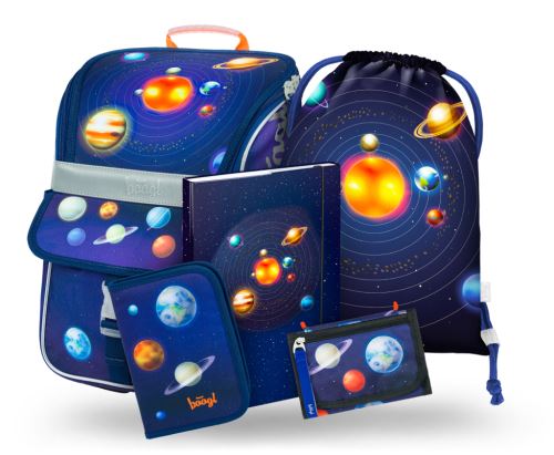 Školní aktovkový 5-dílný set BAAGL ZIPPY - Planety (aktovka, penál, sáček, box na sešity, peněženka)