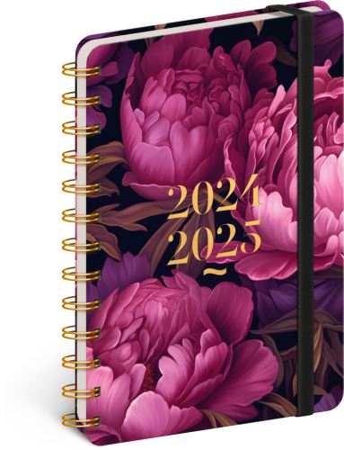 Spirálový 18měsíční diář2024/2025 Presco Group Petito - Fialové květy, 13 × 18 cm
