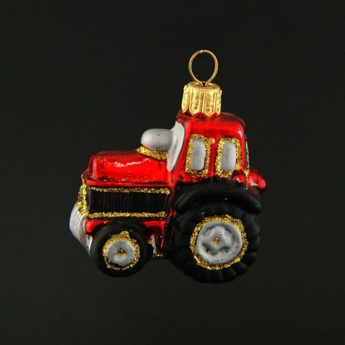 Vánoční skleněná ozdoba - Traktor velký červený, lesk/mat, ručně malovaný dekor