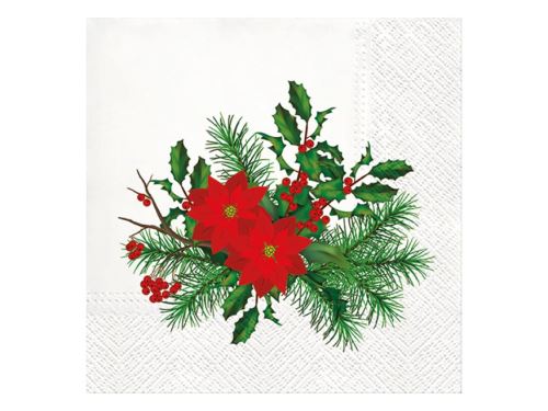 Ubrousky vánoční 33x33 cm - cesmína, větvička s jehličím a vánoční hvězda, 20 ks