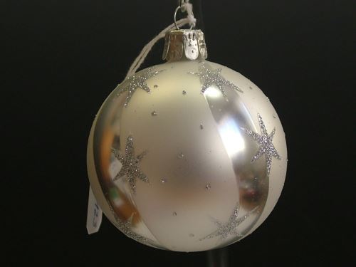 Vánoční skleněné koule 7cm, hladké, bílý mat, stříbrný dekor, 6ks