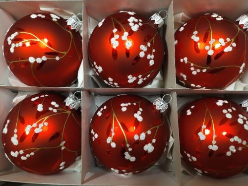 Vánoční skleněné koule 8cm, hladká, červený mat, malovaný větvičkový dekor, 6ks