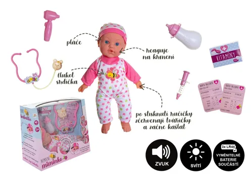 Panenka miminko nemocné měkké tělo s doplňky se zvukem a světlem 36 cm