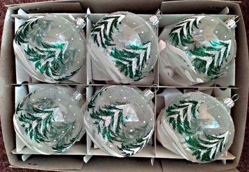 Vánoční skleněné koule 8cm, hladké, průhledné bílé, porcelán, zelený dekor stromů, 6ks