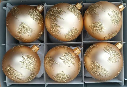 Vánoční skleněné koule 8cm, hladké, zlaté, mat, sypaný dekor, 6ks