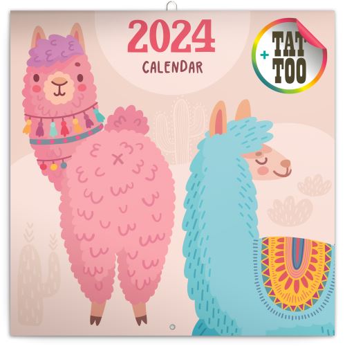 Nástěnný poznámkový kalendář Presco Group 2024 - Šťastné lamy, 30 × 30 cm