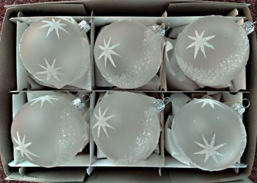 Vánoční skleněné koule 8cm, průhledné, bílý mat, bílý dekor hvězd, 6ks