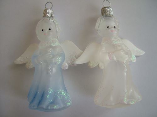 Vánoční skleněná ozdoba - Anděl s flétnou a s křídly, průhledný, mix barev, dekor
