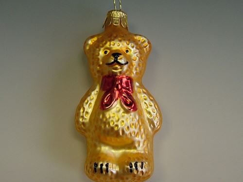 Vánoční skleněné ozdoby - Medvěd s mašlí malý, zlatý, mat, dekor, 6ks