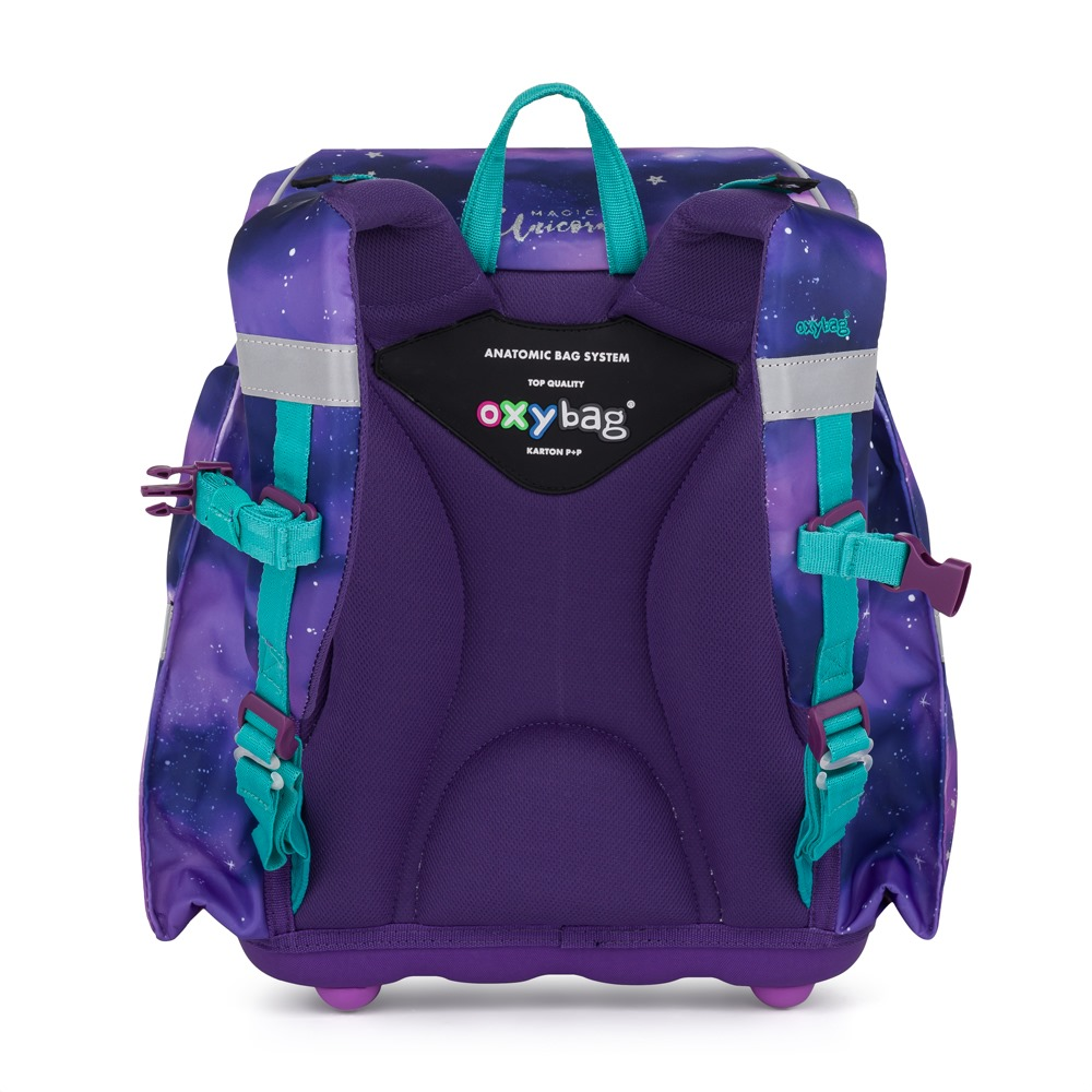 Školní batoh OXY Premium Light Pegas, pohled zezadu – zádový systém a popisek Anatomic Bag System