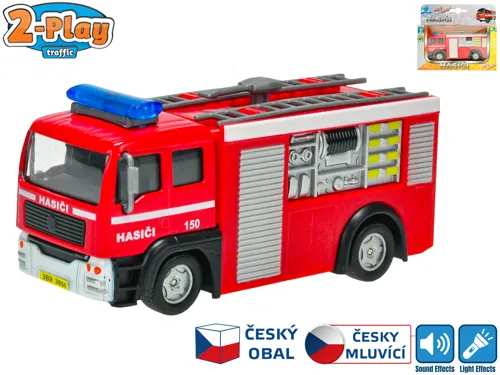 Auto 2-Play Traffic hasiči CZ kovové 12 cm na zpětné natažení česky mluvící se světlem na baterie