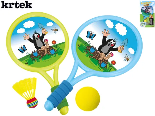 Tenisové rakety Krtek 40 cm, 2 ks s míčkem a košíkem