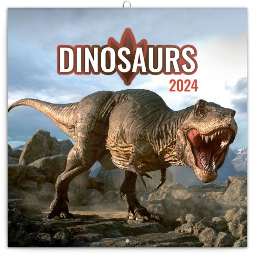 Nástěnný poznámkový kalendář Presco Group 2024 - Dinosauři, 30 × 30 cm - BEZ ČEŠTINY
