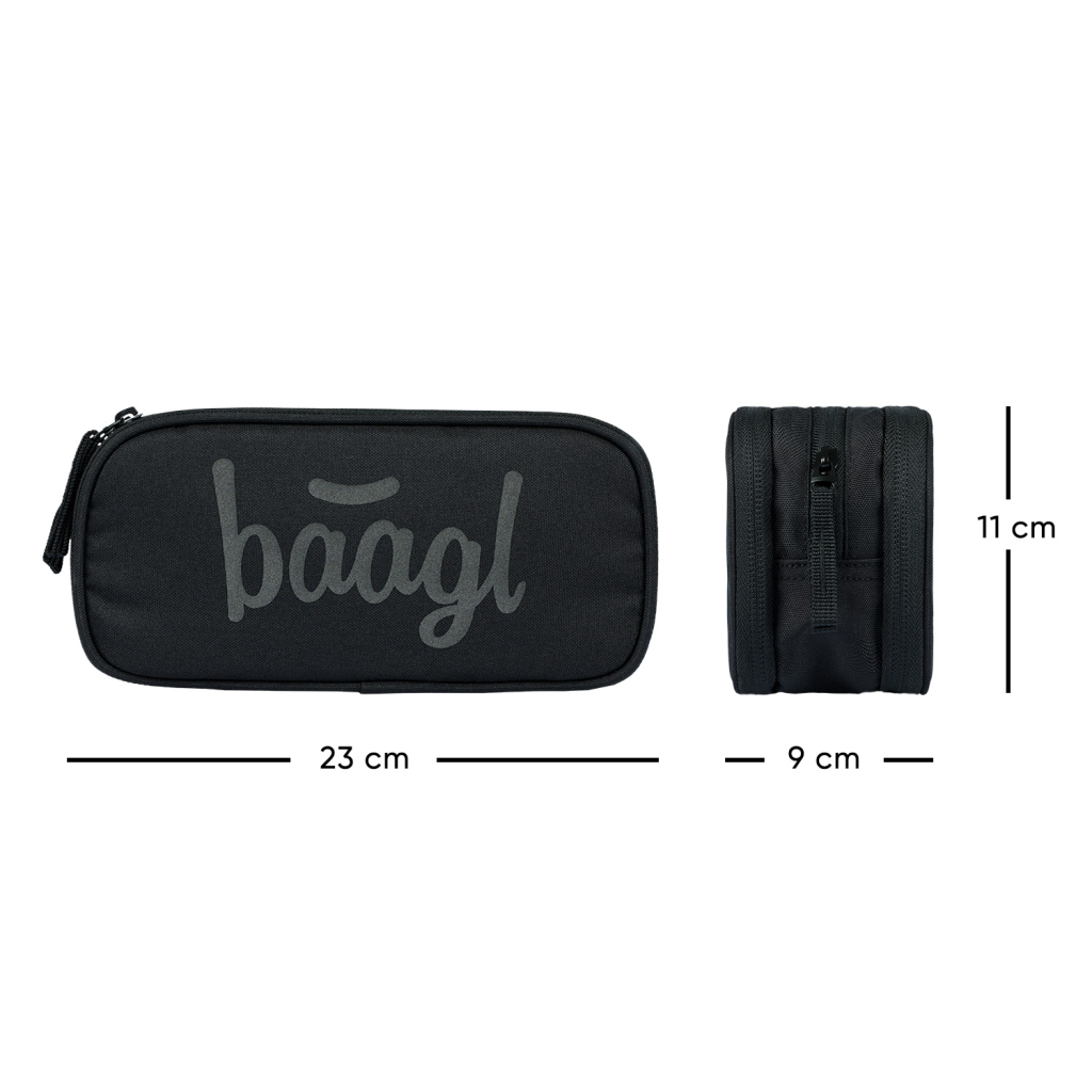 Studentské pouzdro BAAGL Black s vyznačenými rozměry 23 × 9 × 11 cm