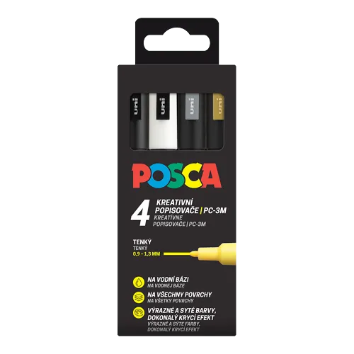 Sada dekoračních popisovačů Posca PC-3M, 0,9-1,3 mm, 4 barvy - černá, bílá, zlatá, stříbrná
