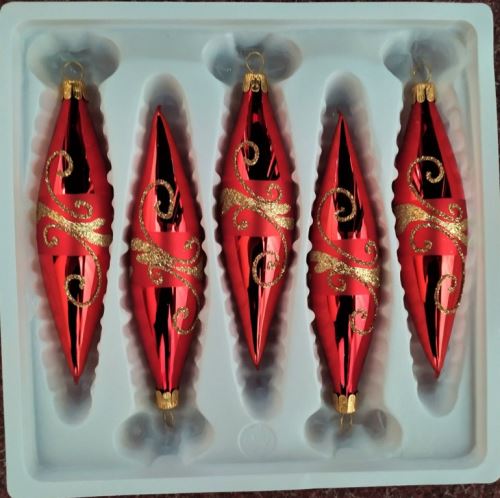 Vánoční skleněné ozdoby - Rakety červené 14x3cm, lesk, zlatý dekor, 5ks