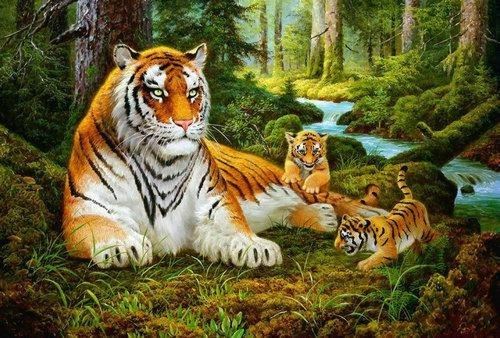 Diamantový obrázek 30x40cm - Tygr s mláďaty