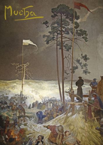 Pohled Alfons Mucha Slovanská epopej – Schůzka na Křížkách, krátký
