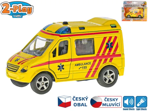 Auto 2-Play Traffic ambulance CZ kovové 11 cm na zpětné natažení česky mluvící se světlem na baterie