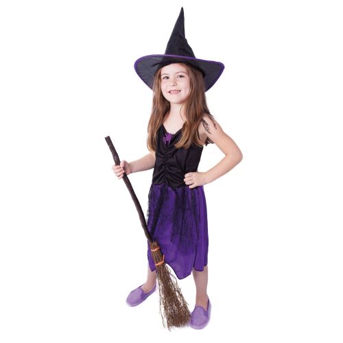 Dětský kostým Čarodějnice fialová s kloboukem, vel. M