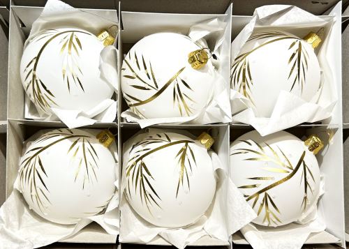 Vánoční skleněné koule 8cm, bílé, skořápka, zlatý dekor, 6ks