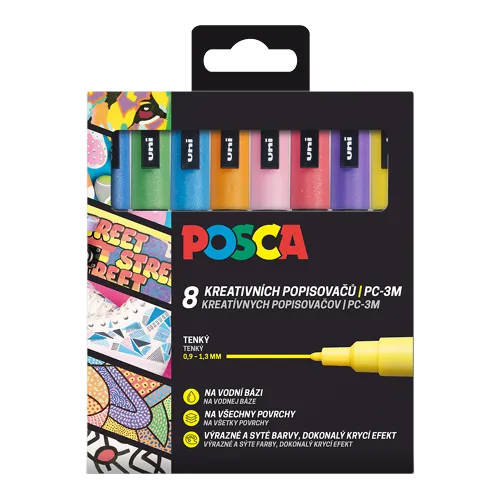 Sada dekoračních popisovačů Posca PC-3M, 0,9-1,3 mm, 8 třpytivých barev