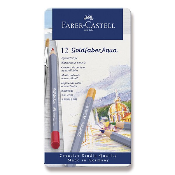 Levně Akvarelové pastelky Faber-Castell Goldfaber Aqua 12 barev, plechová krabička