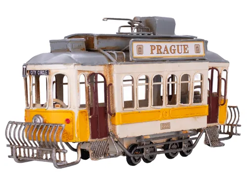 Tramvaj kovová 27,5 cm s nápisem Prague na volný chod - žlutá