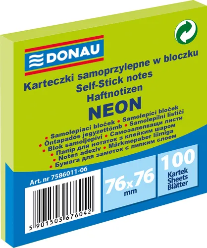 Samolepící bloček 76 x 76 mm DONAU, 100 listů - neonově zelený