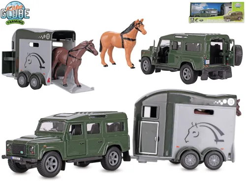 Auto Kids Globe Farming Land Rover kovové 26 cm na zpětné natažení s přívěsem pro koně