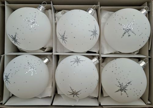 Vánoční skleněné koule 8cm, bílé, stříbrný dekor hvězdiček, 6ks